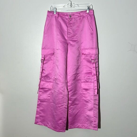 Almost Famous Metallic Shiny Pink Cargo Baggy Wide Leg Pants Junior's 7 - Picture 1 of 9